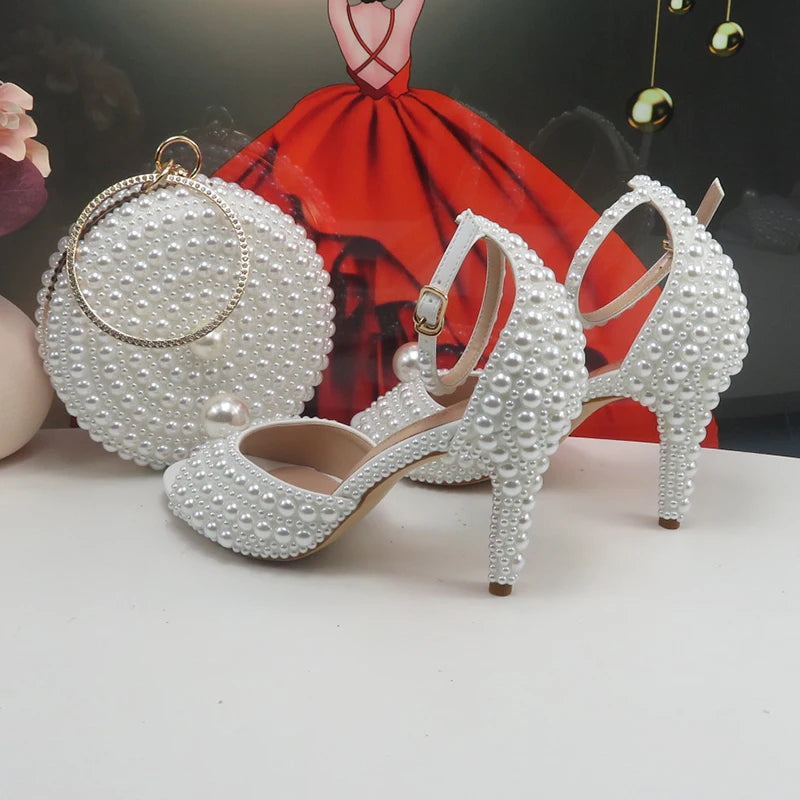 2024 New Arrival White Female Sandals Bridal shoes bag set woman Fashion Thin Heel Big Pearl Girls fashion Sandals party Shoes Sarah Houston