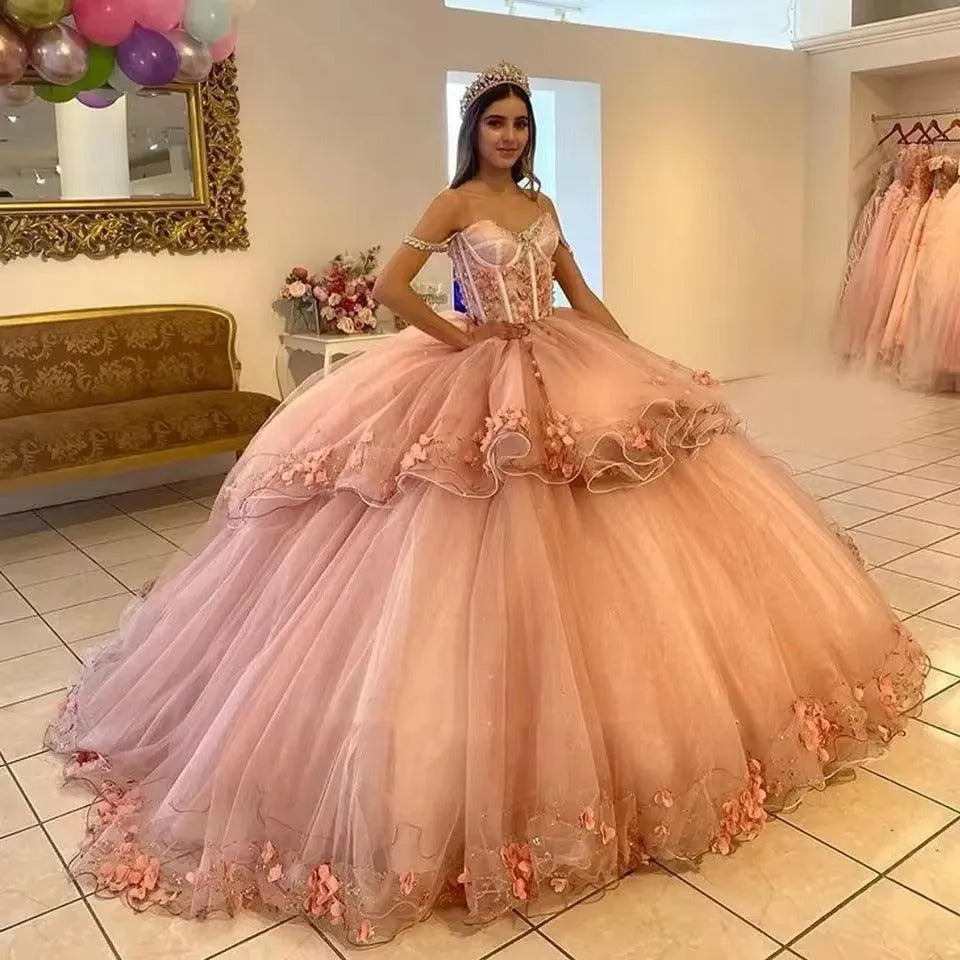 Gold Rose Evening Gown Off Shoulder Sweetheart Ball Gown With 3D Flowers Women's Off Shoulder Quinceanera Gold Rose Evening Gown Off Shoulder Sweetheart Ball Gown With 3D Flowers Women's Off Shoulder Quinceanera