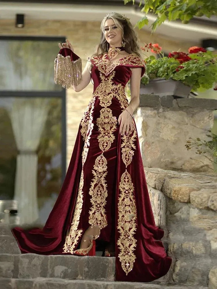 Moroccan Caftan Evening Dress Gold Appliques Lace Outfit