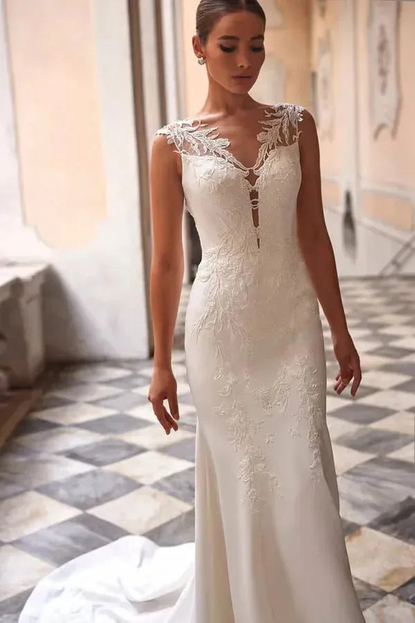 Robe de mariée sirène en tulle souple, manches courtes, décolleté