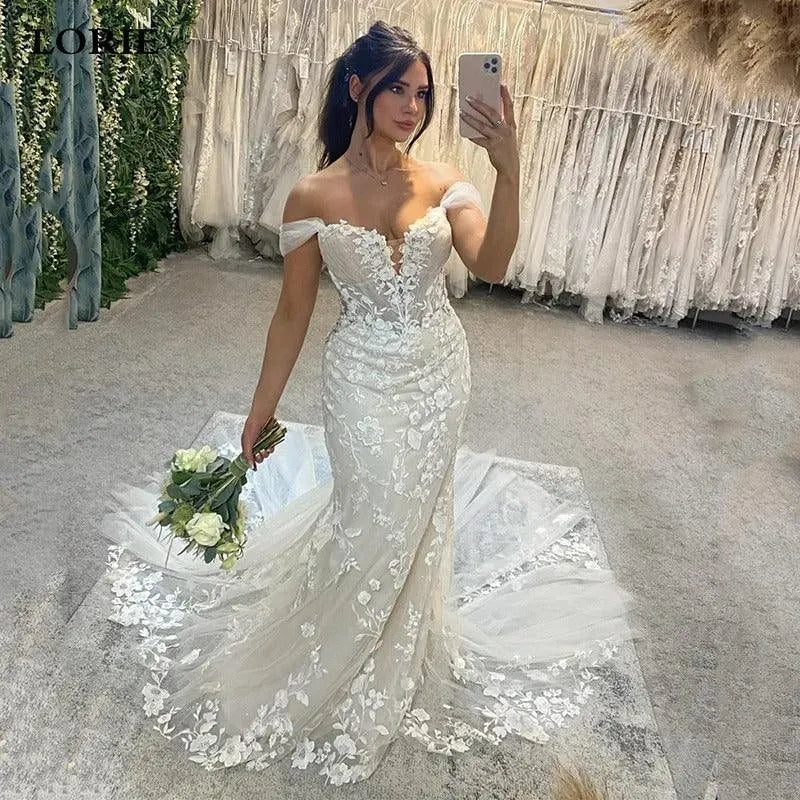 Luxury Mermaid Wedding Dress Lace Open Back Off The Shoulder