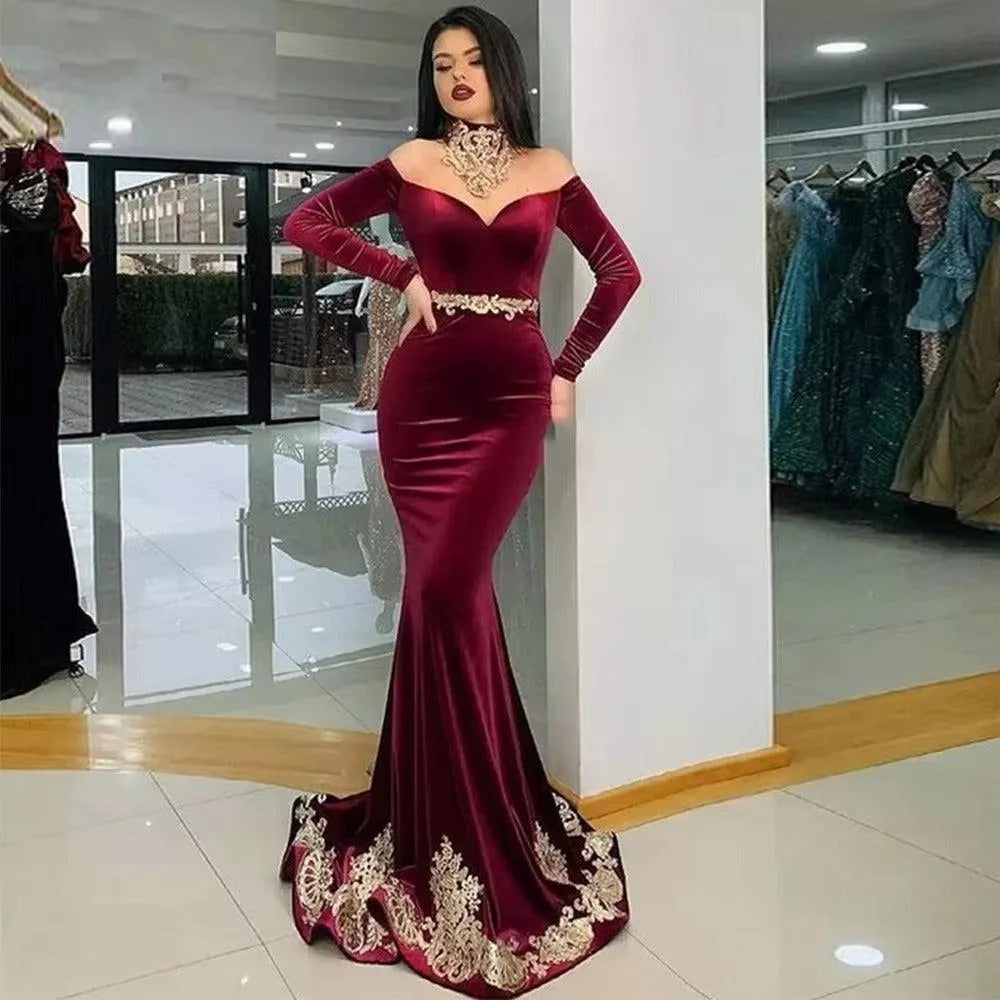 Robe de soirée caftan marocaine rouge vin, robe sirène formelle de