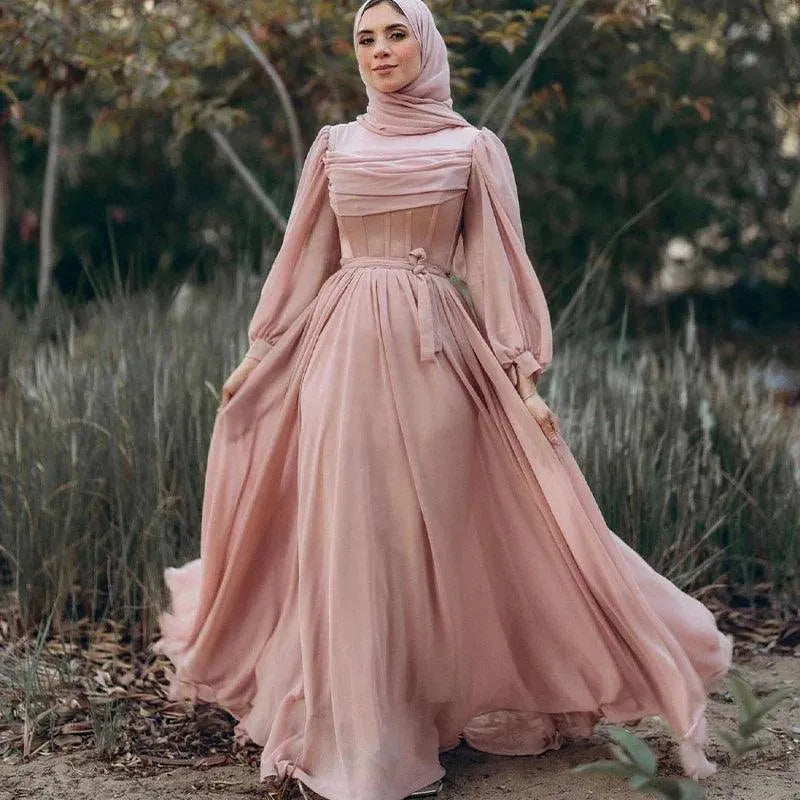 Blush Chiffon Prom Dresses for Hijab Women High Neck Long