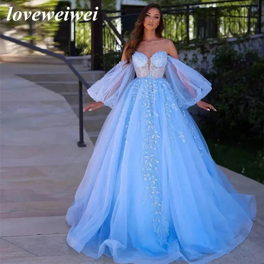Princess Sky Blue Gown Charming Sky Blue Shiny Appliques Beaded