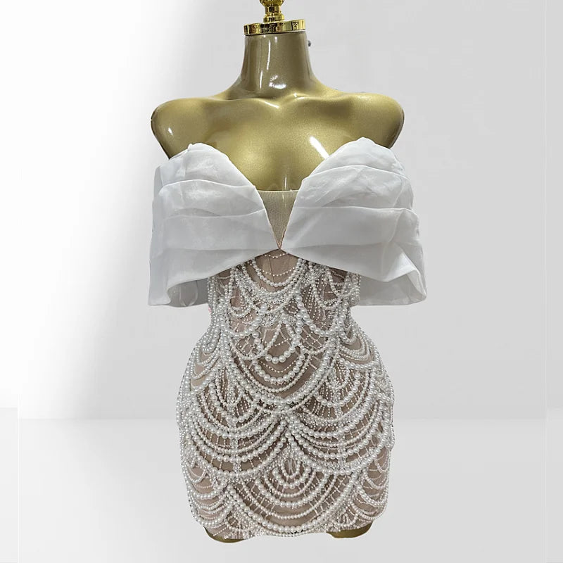 strapless pearl sequin maxi dress gold Detail Stretchy gown for gala Pearl Gold And White Party