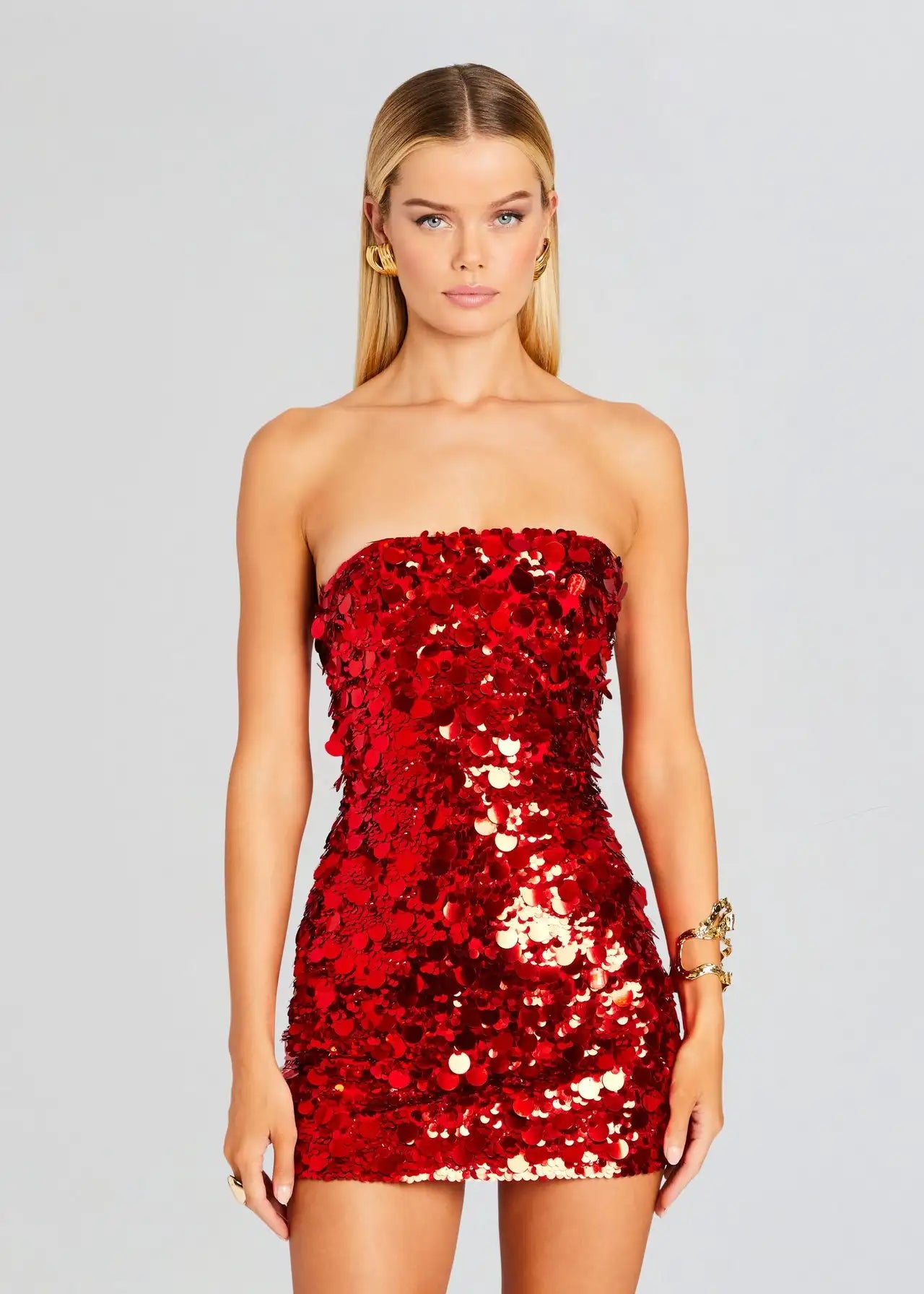 Red Gold Sequins Shinning Sexy Strapless Bodycon Mini Dress Nightclub Party  Celebrate Birthday Date Dress Vestido