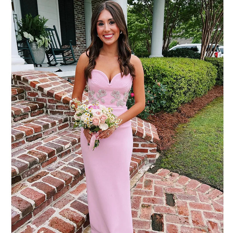 Stereoscopic Diamond Flowers Strapless Pink Ankle Lenght