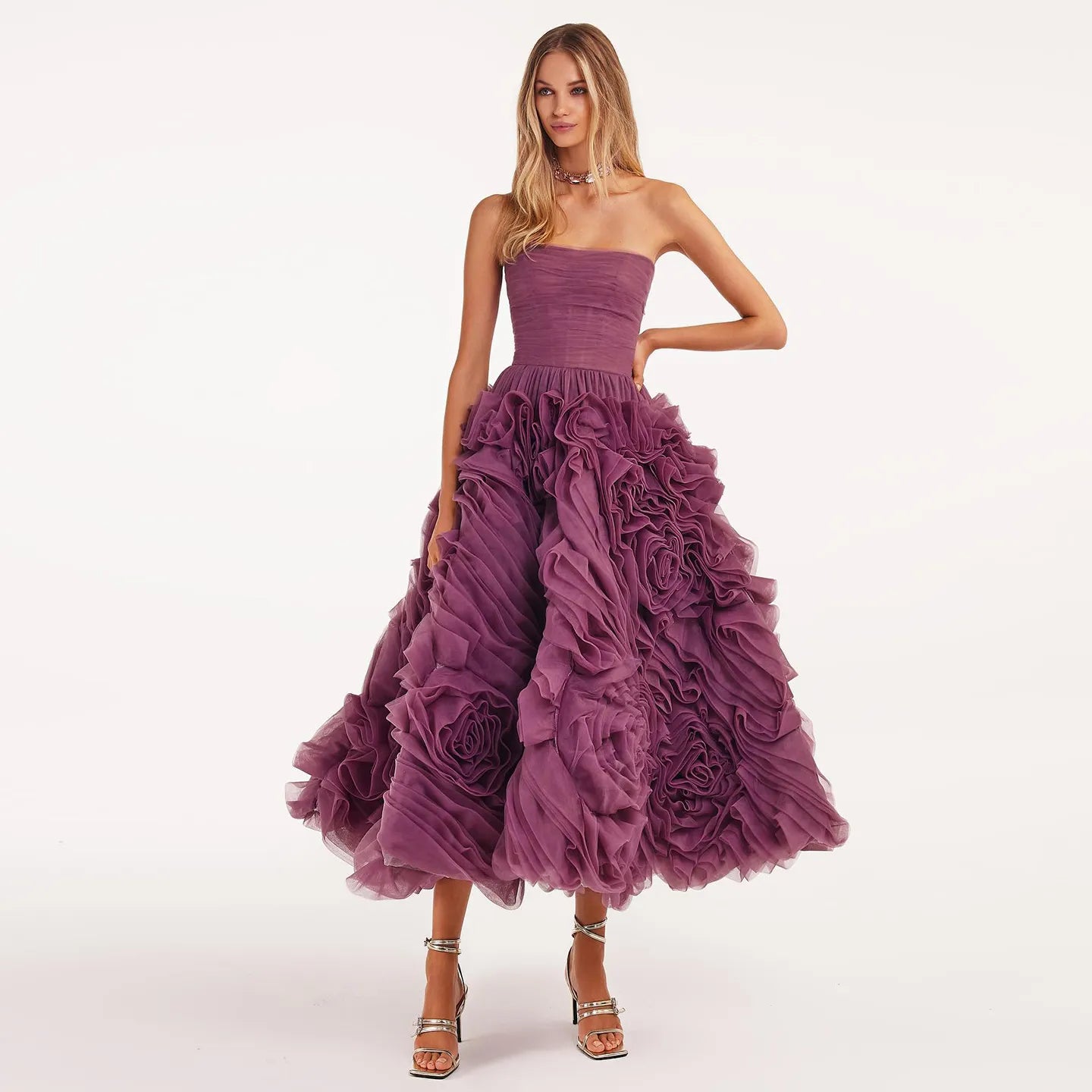Luxury 3D Flower Purple Short Evening Dresses for Women Wedding Party Elegant Pink Midi Formal Prom Gowns