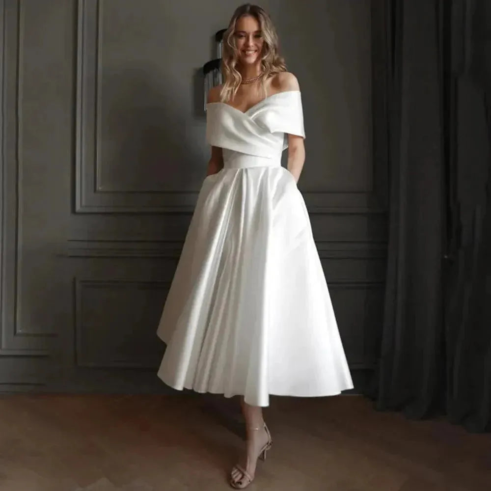 Satin Off the Shoulder Wedding Dress Pleat A-Line Mid-Calf Bridal