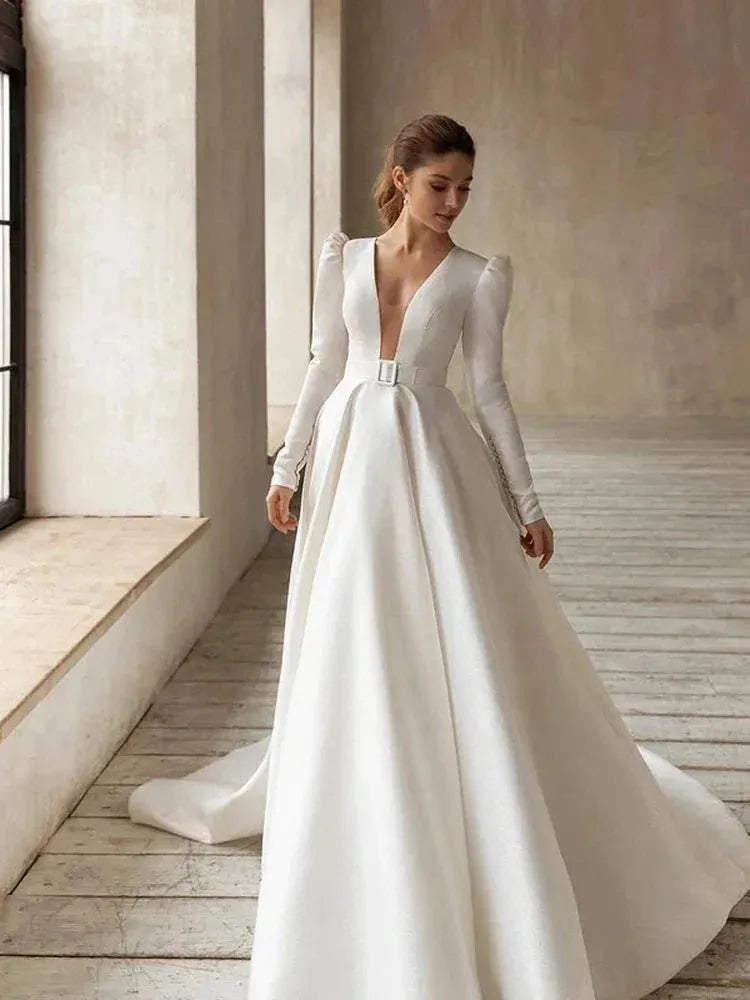 Classic Elegant Wedding Dresses A-Line Satin Bridal Gowns V