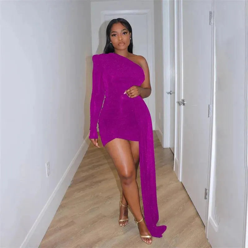 Sexy Glitter One Shoulder Party Dresses Women Elegant Ruched