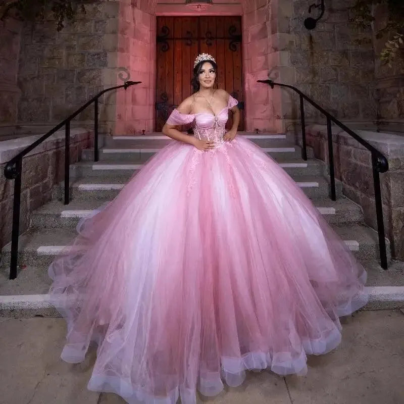 Rose Gold Quinceanera Quinceanera Dresses In Pink Pink Quinceanera Dresses Off Shoulder 3D Flowers Party Ball Rose Gold Quinceanera Quinceanera Dresses In Pink Pink Quinceanera Dresses Off Shoulder 3D Flowers Party Ball