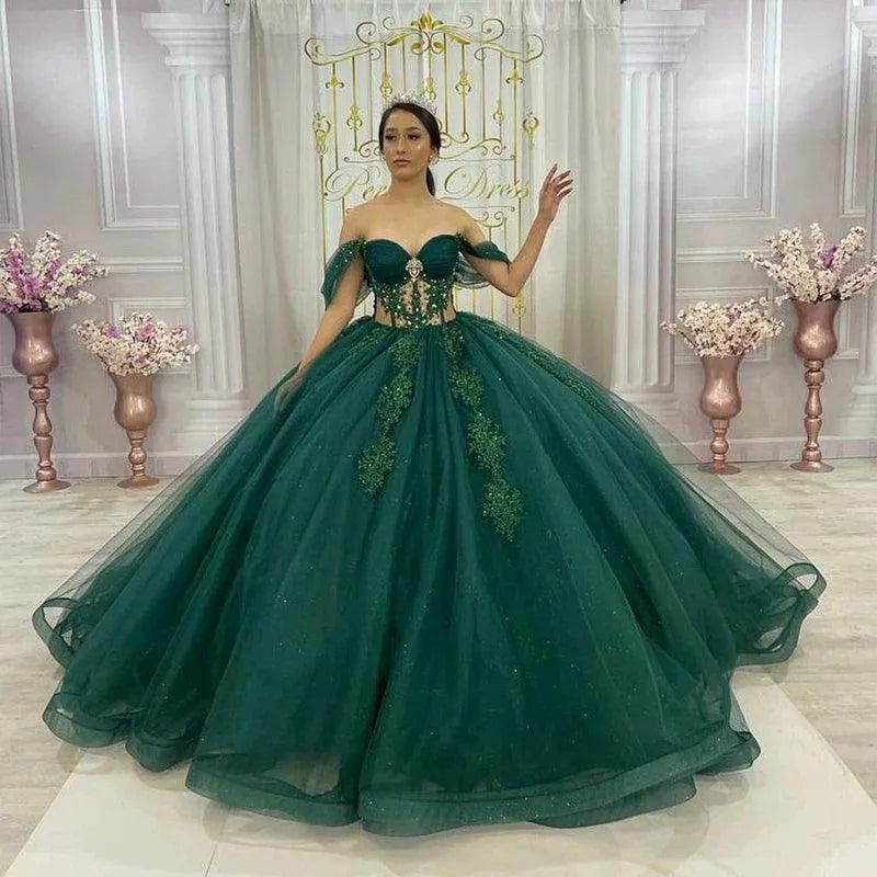 emerald green quince dress long sleeve Emerald Green Crystal Quinceanera Ball Green Ball gown with Long Sleeves, Ruffles, Sweetheart Appliques, and Beading