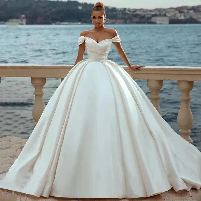 Sexy Off-Shoulder Bridal Dresses Satin Ivory A-Line Pleated Simple