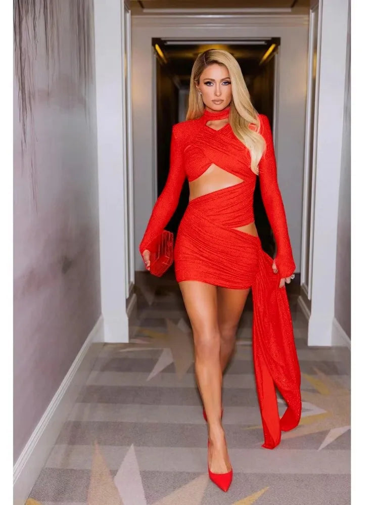 Shinning Rhinestones Women Long Sleeve Sexy Cross Keyholes Bodycon Min