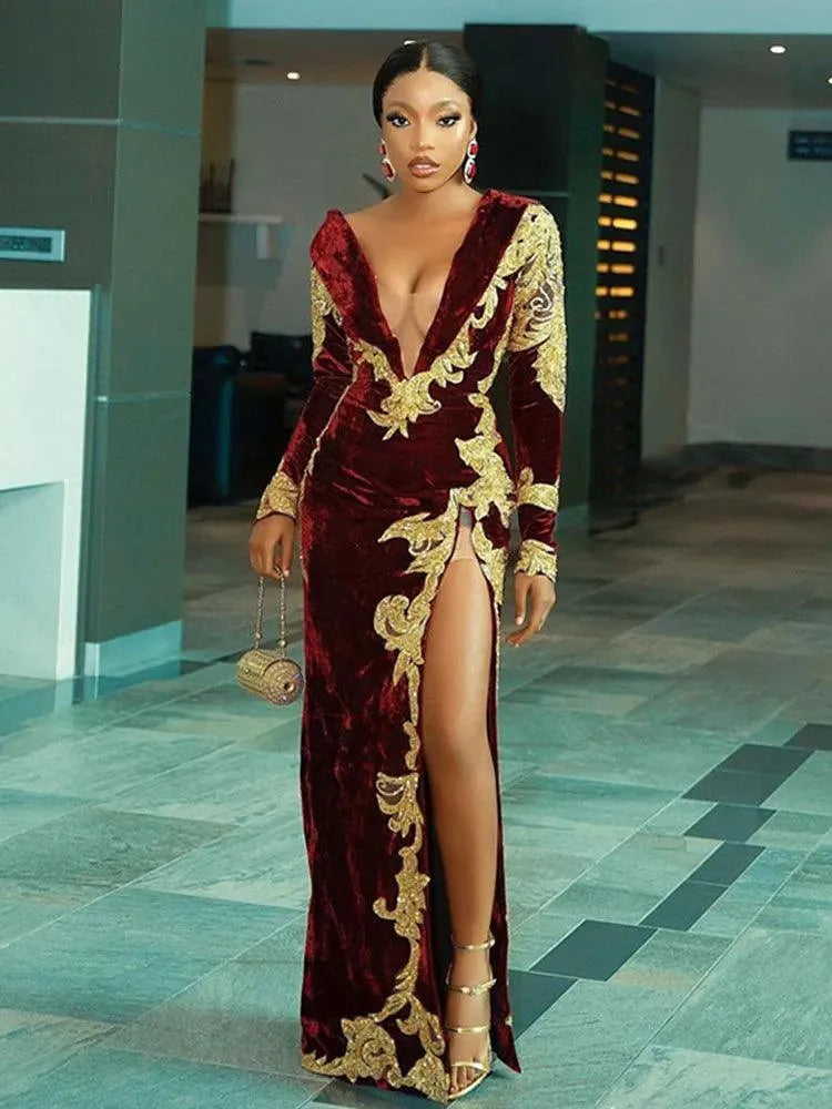 Burgundy Long Sleeve Caftan Evening Dresses Velvet Elegant