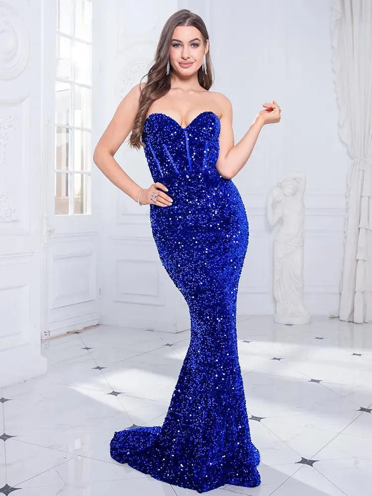 Vestido de fiesta de noche azul real con escote tipo corsé, sin