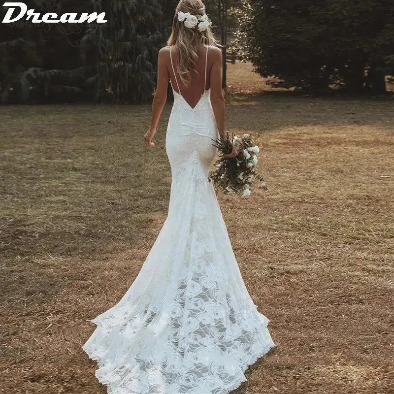 Spaghetti Straps V Neck Mermaid Wedding Dresses Lace Summer