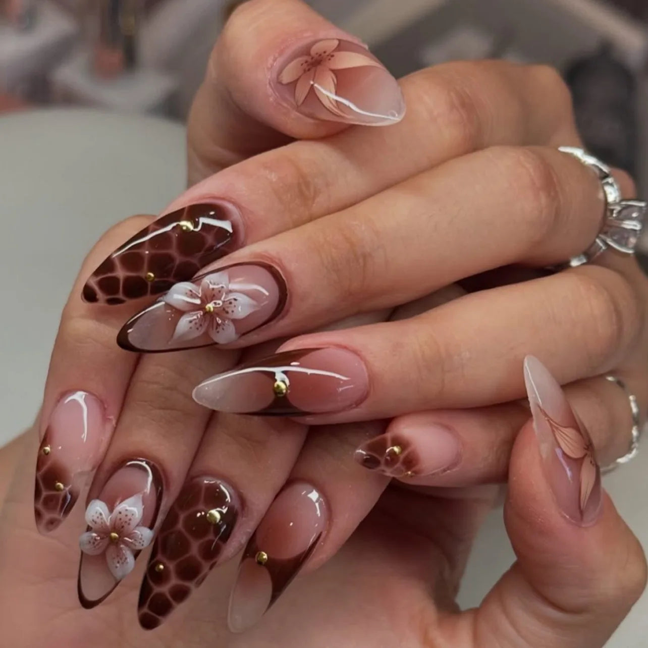 Brown Marbled Nails with Cracked Ice Charm