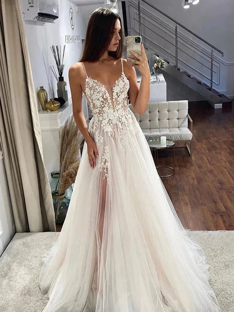 Abiti da sposa in pizzo 3D Abiti da sposa in raso a trapezio Abiti da