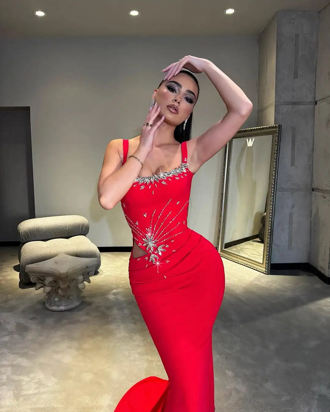 Red Color Women Sleeveless Sexy Square Collar Shinning Diamond Bodycon
