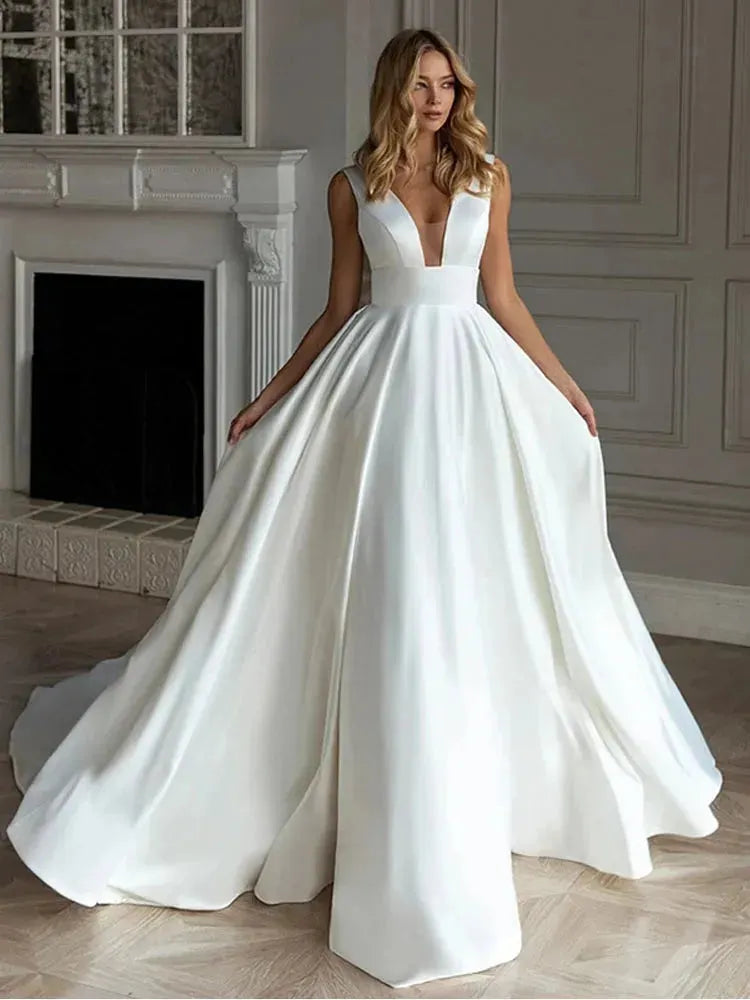 A Line Wedding Dress Princess Satin Bride Dresses Sexy V Neck