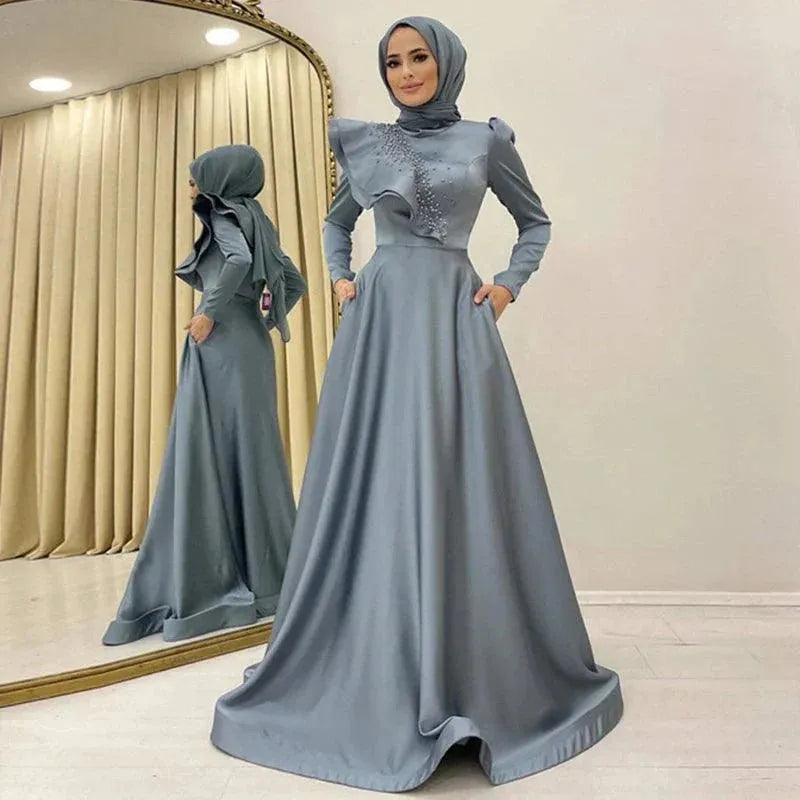 Blue Long Sleeve Hijab Prom Dresses Satin Beaded A Line High
