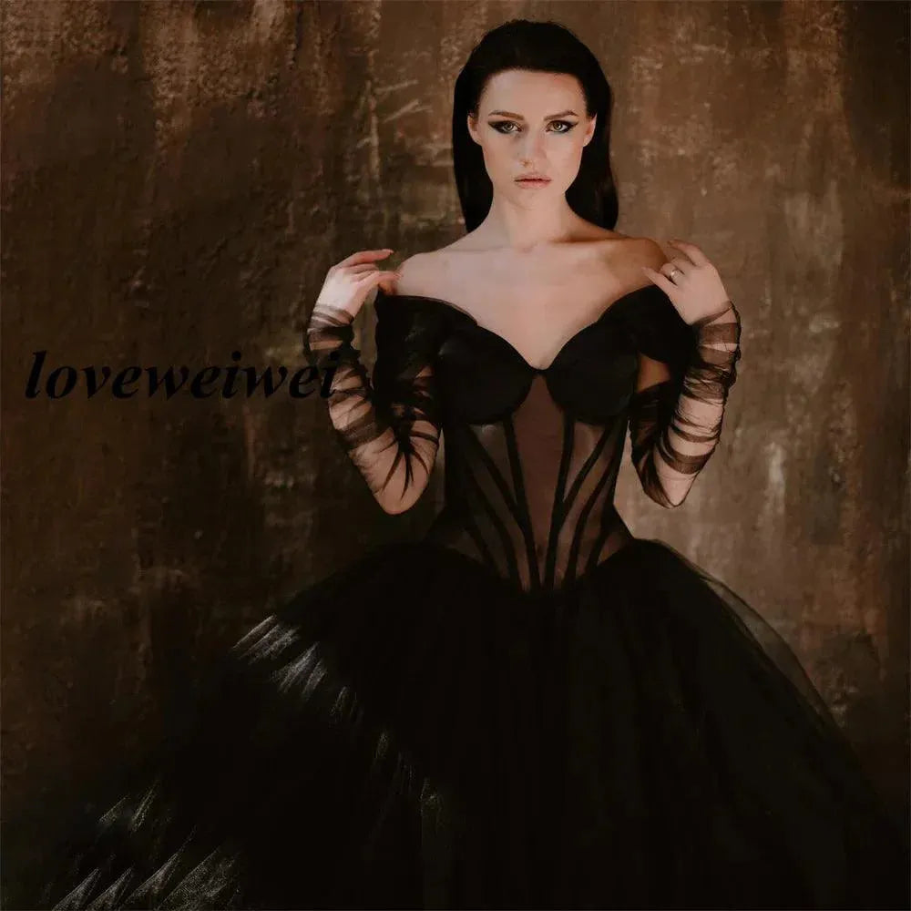Sexy Black Gothic Wedding Dress Off Shoulder Corset Evening