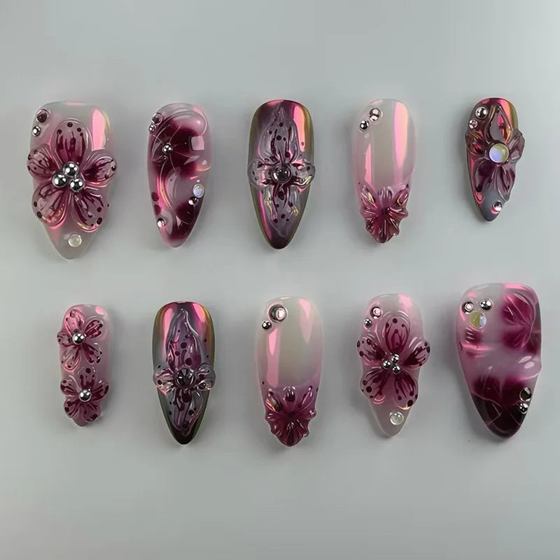 24pcs Wearable False Nails Red Purple Flower Pearl Fake Nail