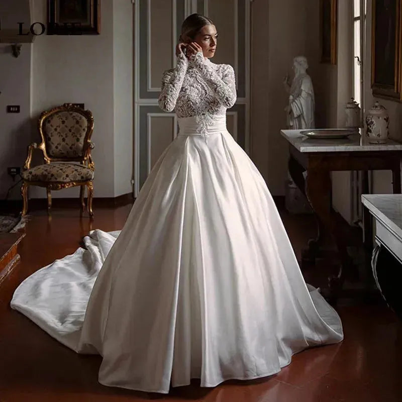 Long Sleeve High Neck Lace Wedding Dress A Line Princess Bride