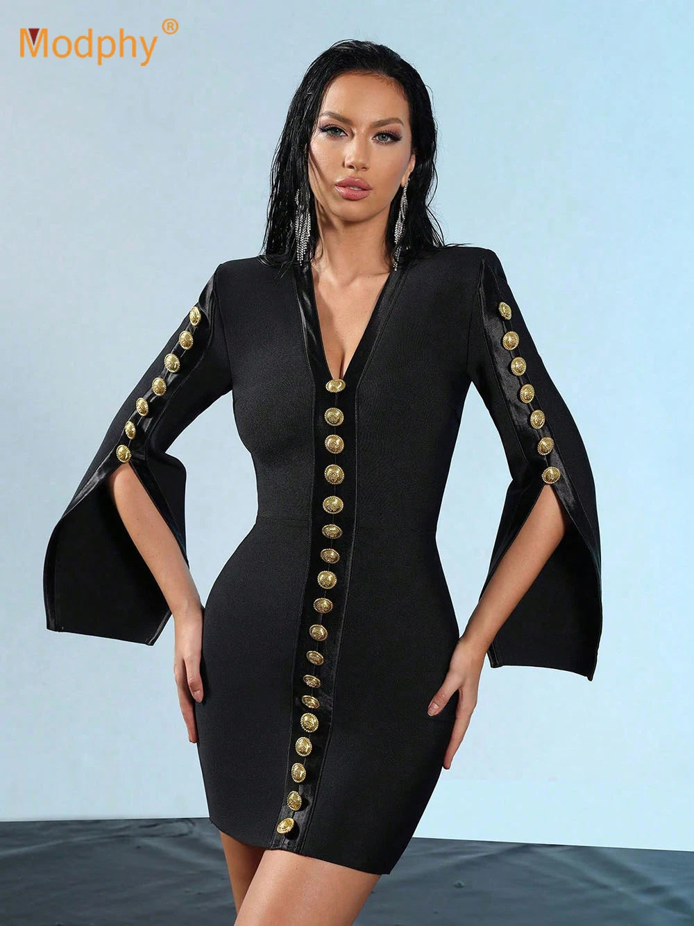 2025 New Women V Neck Bandage Dress Black Sexy Long Sleeve