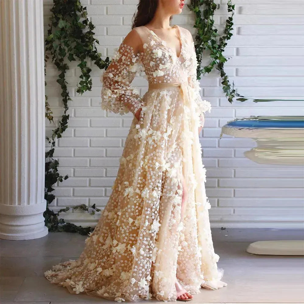 White Two Piece Prom Dress With 3d Flowers Long Sleeve Flower