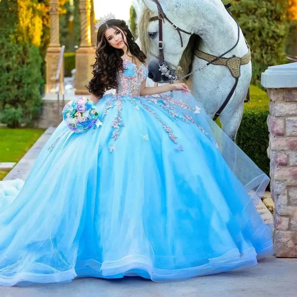 Quince Dress Light Blue Quinceanera Dresses Off-Shoulder Flower Beading Lace Appliques Vestidos De 15 Anos Formal Birthday Party