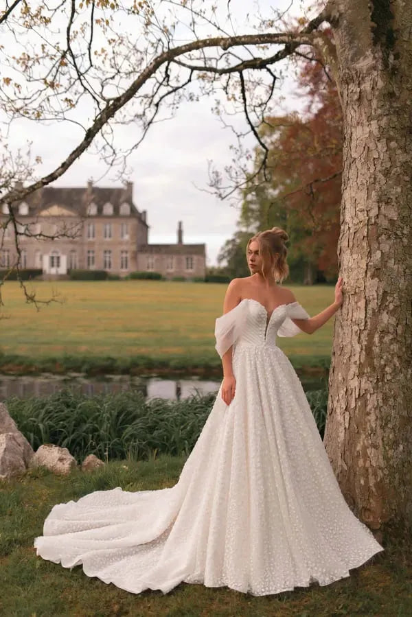 Hermoso vestido de novia de corte A con cola de barrido de encaje