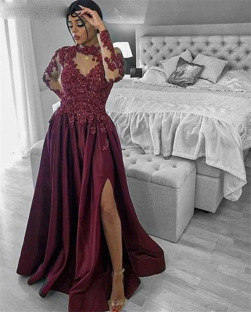 Burgundy High Neck caftan Evening Dresses Beaded Lace Full