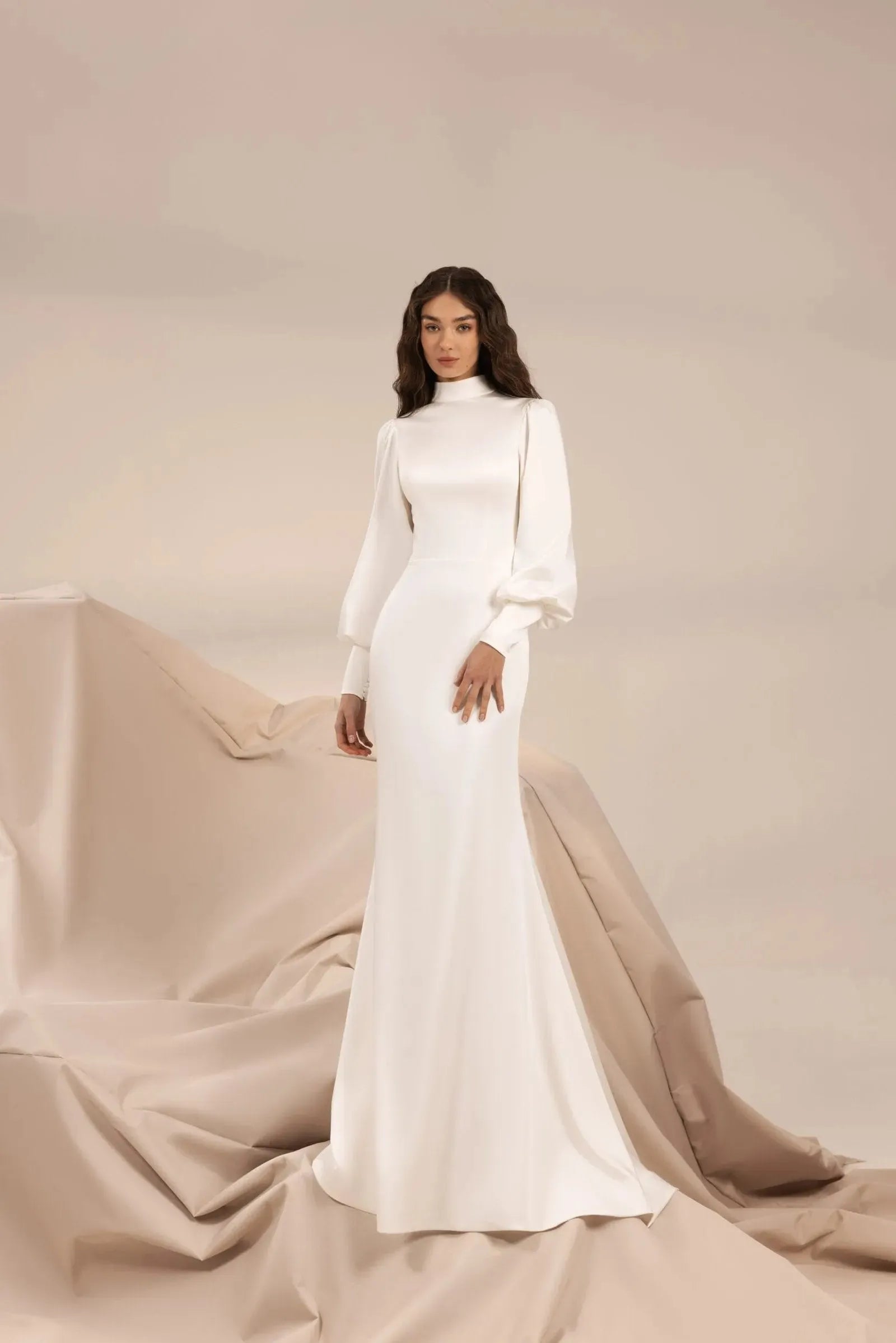 Modern Minimalist Wedding Dress with Sleek Satin, High Neckline