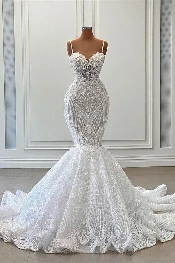 Luxury Lace Mermaid Wedding Dresses Spaghetti Straps