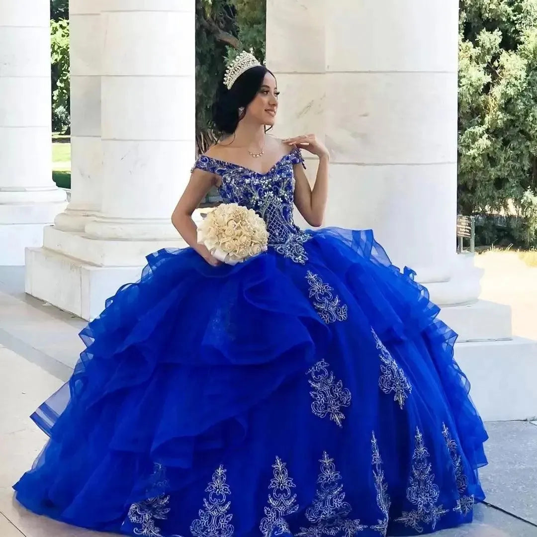 Vestido Quince Vestidos de quinceanera azul royal com ombros à