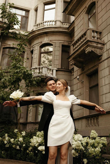 Robe De mariée courte élégante en Satin, col carré, manches bouffantes, plis, dos ouvert, Simple, au-dessus du genou