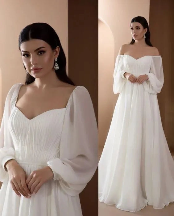 Simple Strapless Wedding Dresses Puff Sleeves Backless Chiffon Bridal Gowns Robe De Mariee Court Train For Elegant Women