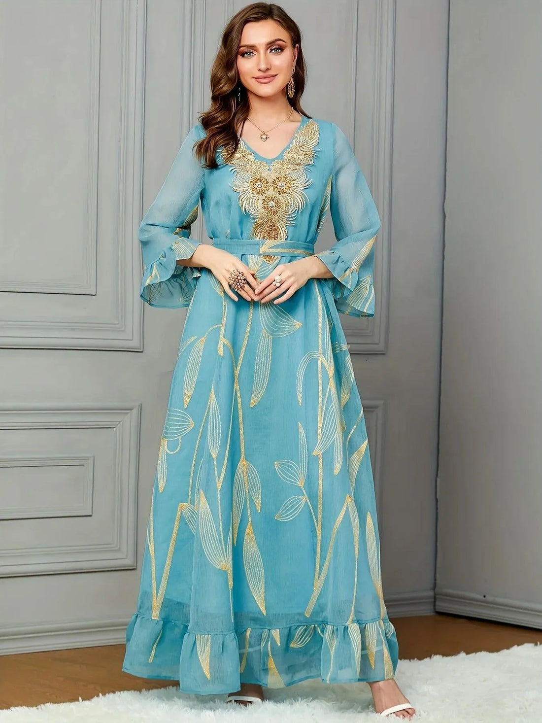 Fashion Floral Sequins Gold Embroidery Guipure Lace Dress With Sashes Flare Sleeve V-Neck Elegant Robe For Dubai Women Green Dress