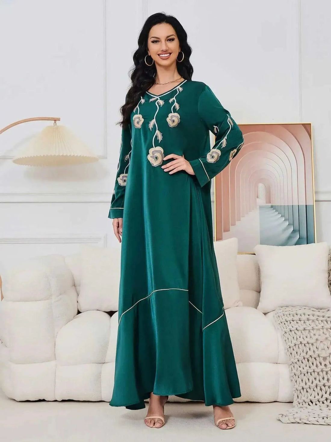 Fashion Chic Moroccan Kaftan For Women Solid Embroidery Full Sleeve O-Neck Casual Loose African Long Dresses Green Dress