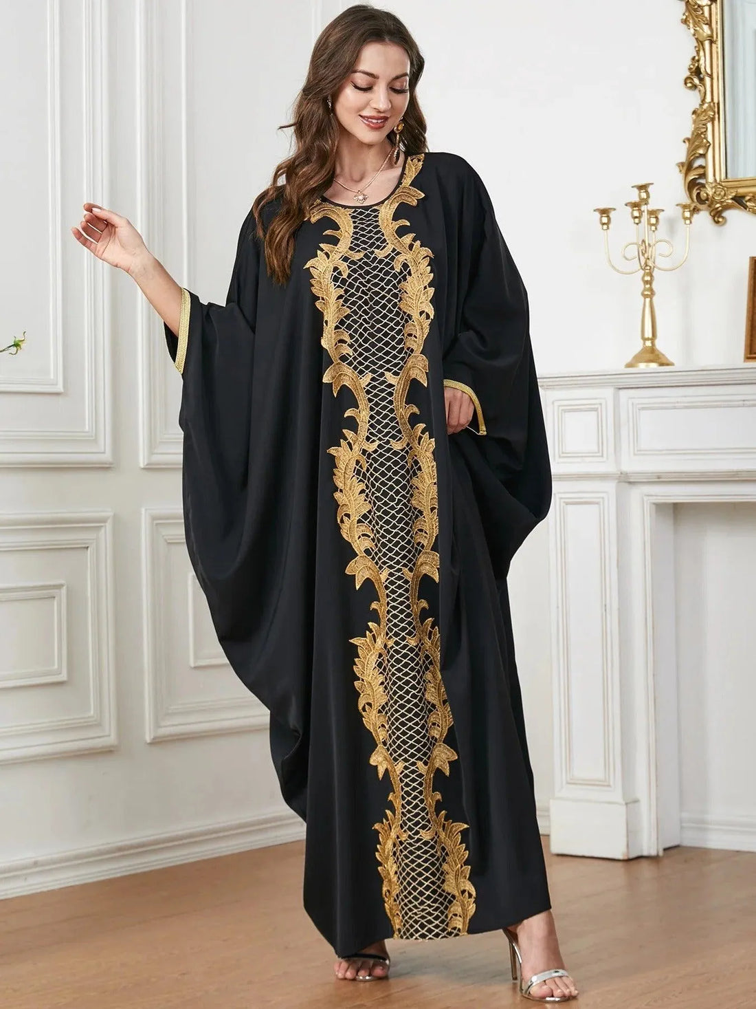 Black Batwing Sleeve Abayas Embroidery Casual Saudi African Women Dresses Moroccan Kaftan Islam Clothing Muslim Robe Black Dress One Size