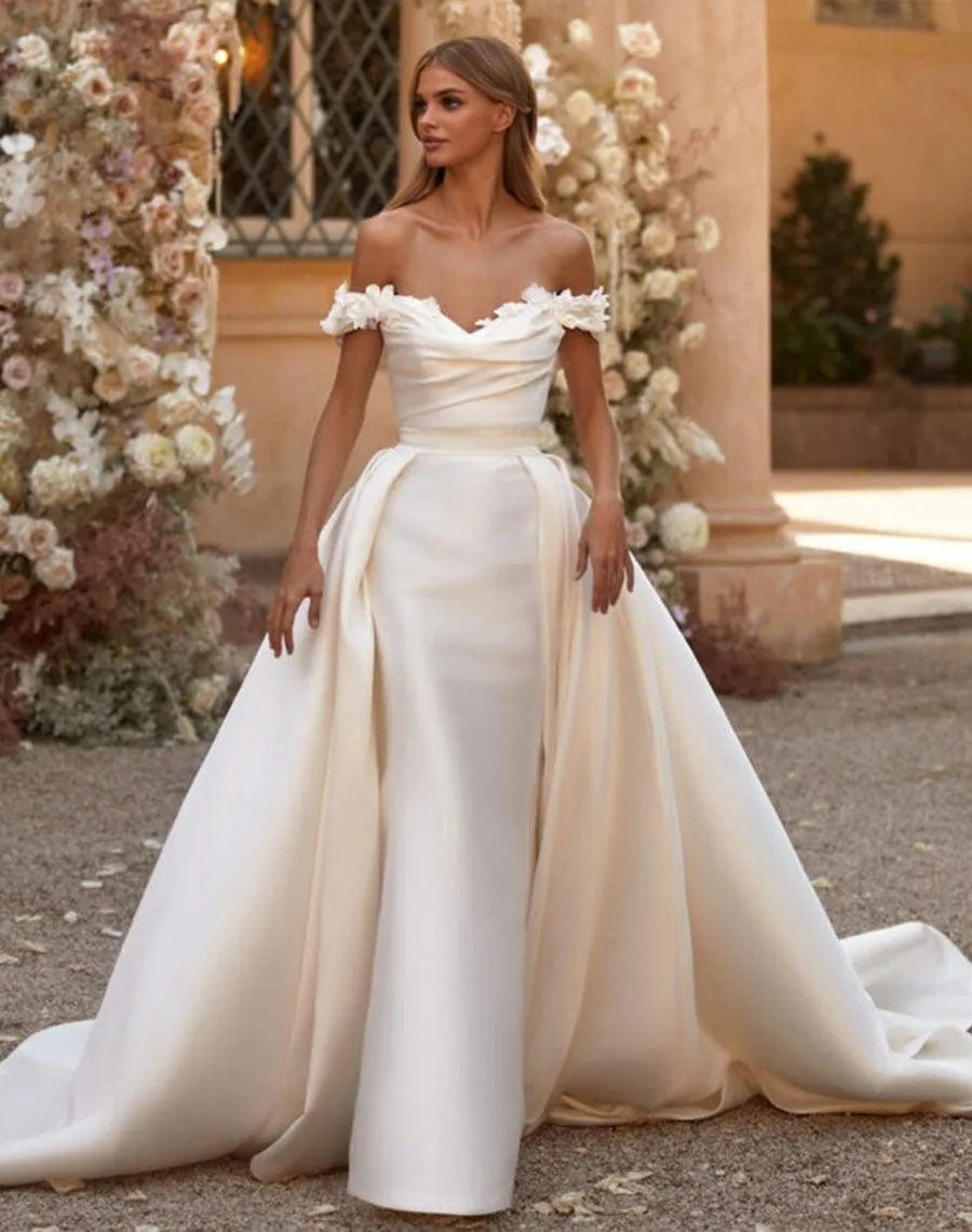 Ivory Mermaid Wedding Dresses Detachable Train Off Shoulder 3D Flowers Bride Dress Satin Overskirt Wedding Gowns Plus Size Mermaid