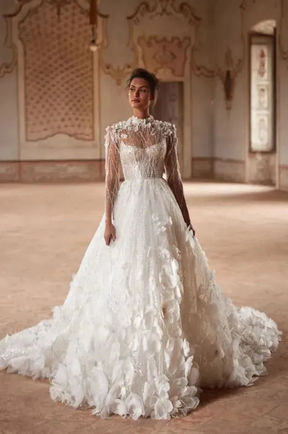 Ball Gown Luxury Wedding Dresses High Neck Long Sleeve Vestido De Novia Embroidery 3D Flowers Robe De Mariee wedding dress