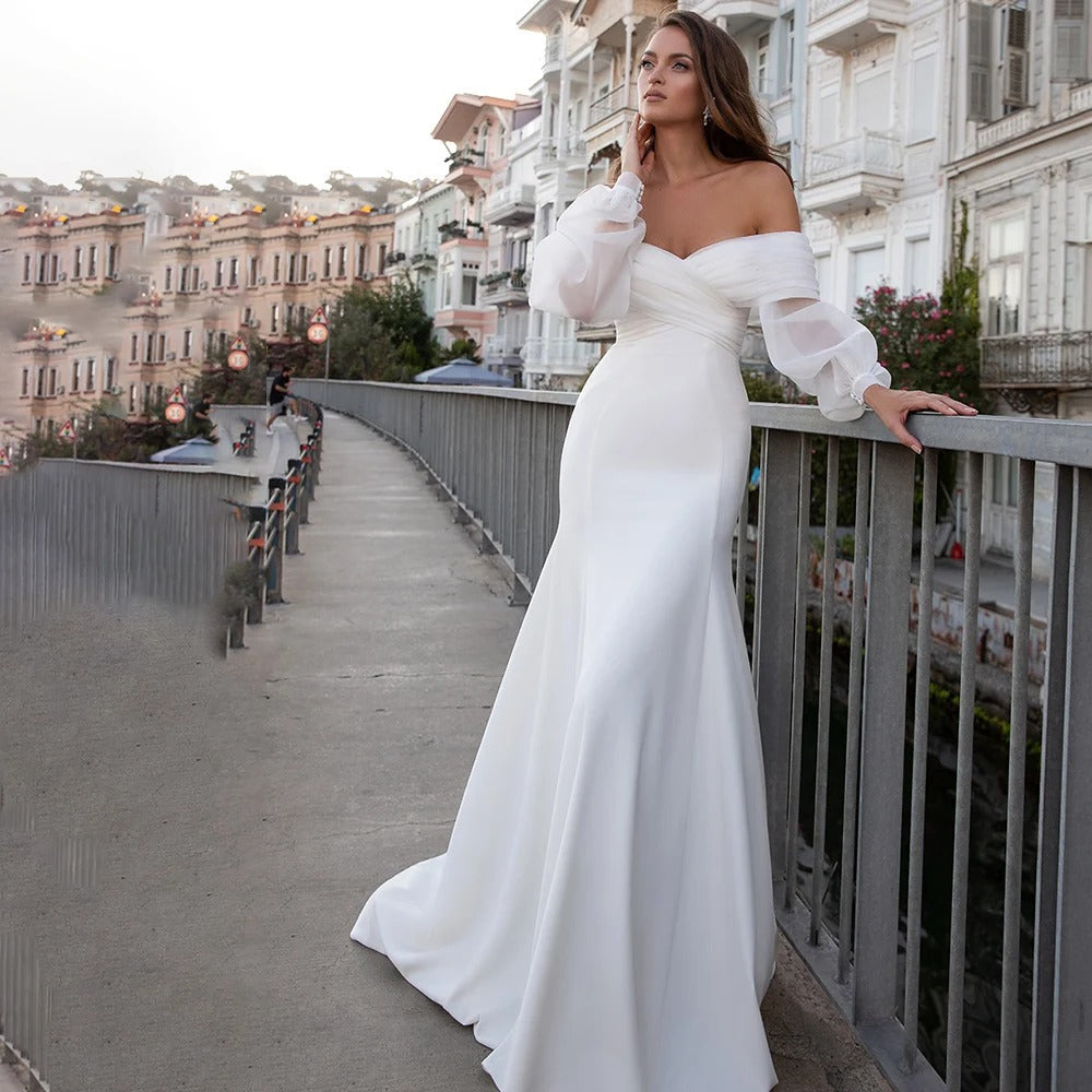 Matt Soft Satin Mermaid Wedding Dresses Off The Shoulder Puff Sleeve Bride Dress Elegant Classic Real Wedding Gowns