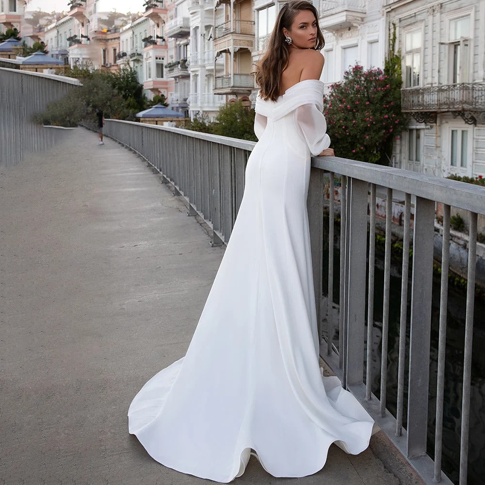 Matt Soft Satin Mermaid Wedding Dresses Off The Shoulder Puff Sleeve Bride Dress Elegant Classic Real Wedding Gowns