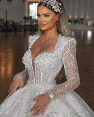 Princess Wedding Vestres for Women Mangas compridas pérolas lantejoulas dubai vestidos de noiva Chapel árabe de luxo vestidos de novia