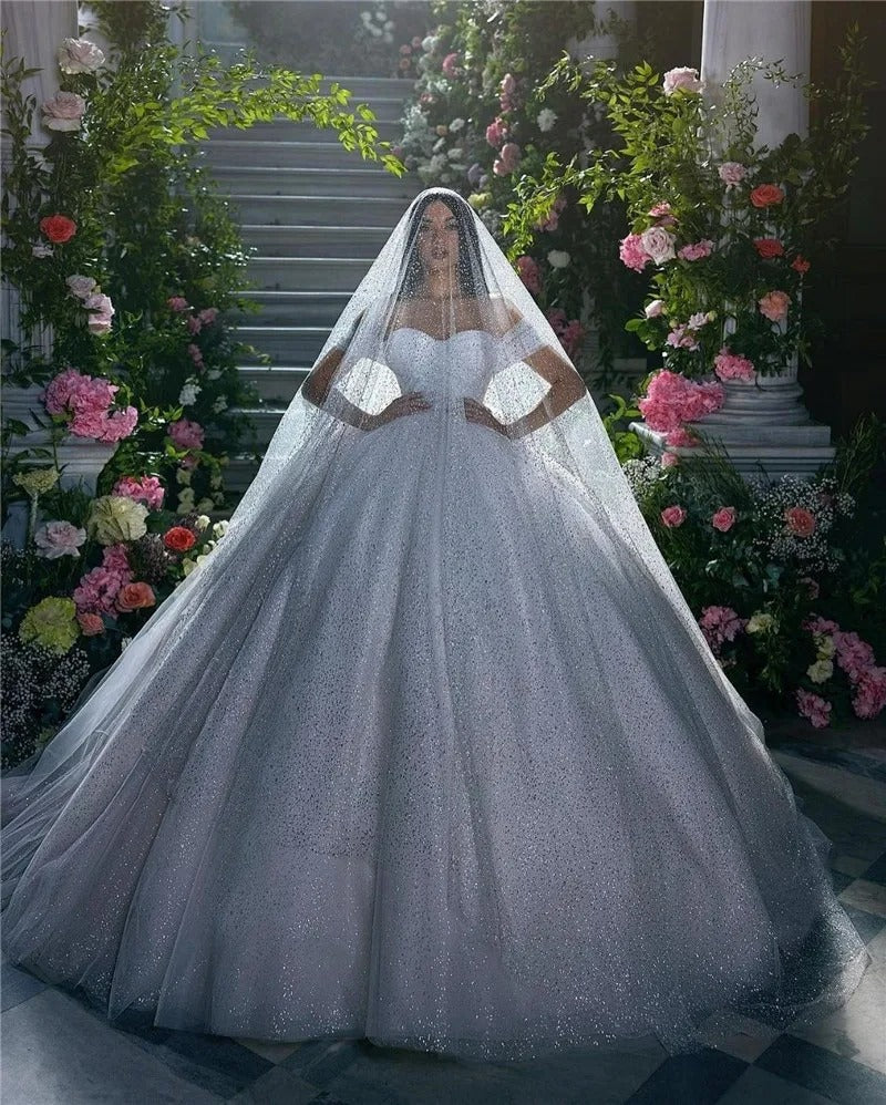 Lorie glitter tyll bröllopsklänningar från axel blanka puffiga veckade prom brudklänningar glittrande boll pageant 2022 brudklänning