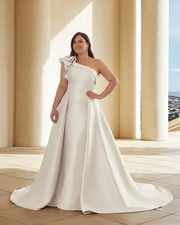 Robe De mariée en Satin grande taille, sans manches, traîne détachable, sirène, asymétrique épaule dénudée, robes De mariée personnalisées 